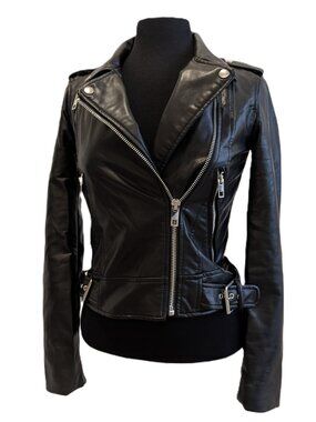 Zara Black Faux Leather Moto Jacket | Size XS